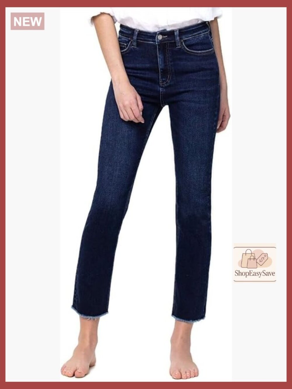 Super High Rise Slim Straight Jeans Raw Hem Ankle Length Stretch Denim Chic